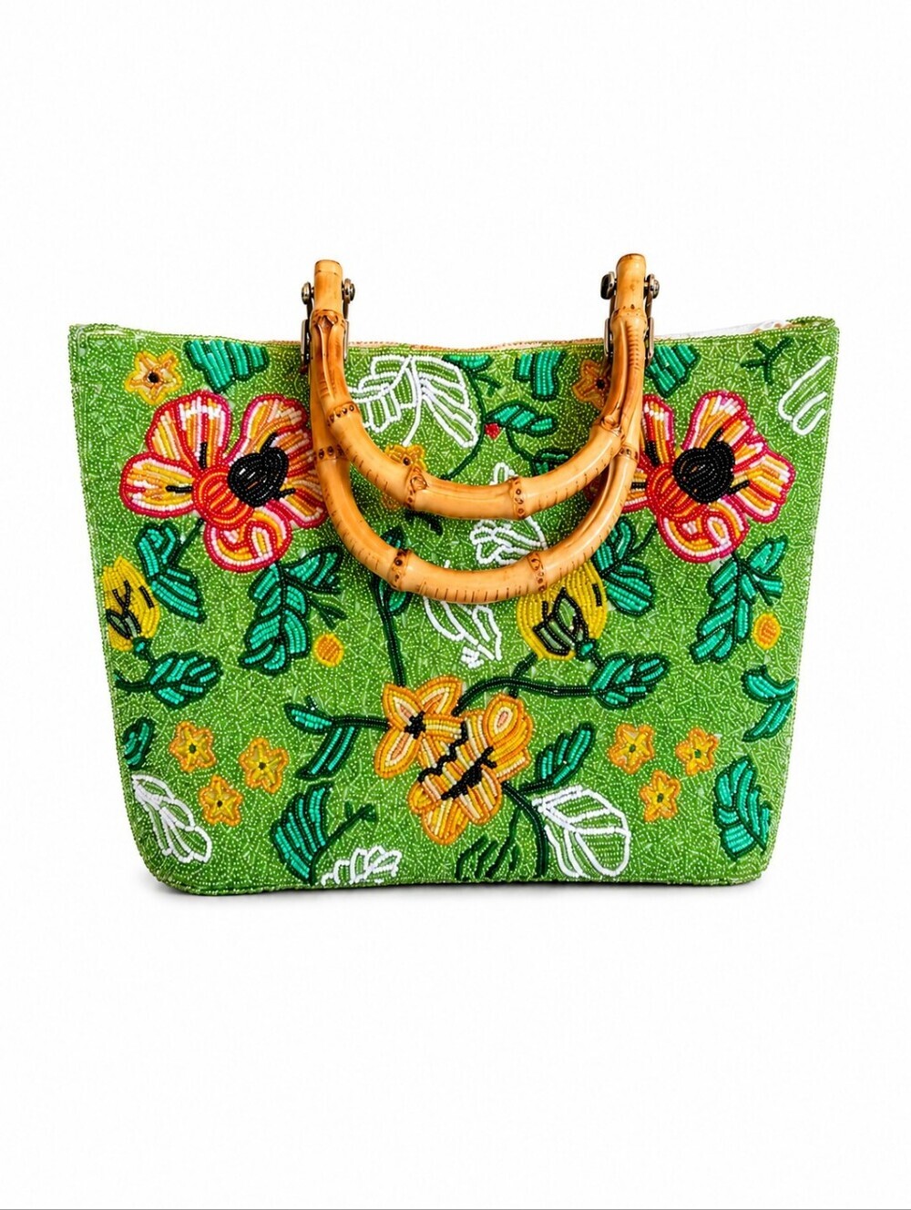 VTG BARSE Floral Heavily Beaded Bamboo Double Handle Tote Tiki Bag